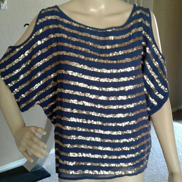 bebe Tops - Chiffon Sequin Cold Shoulder Blouse